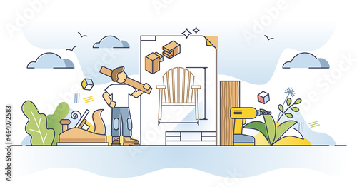 Woodworking plans with wood chair project sketch outline concept. Carpenter looking in detailed idea with sizes measurements vector illustration. Hand craft furniture design and assembling process.