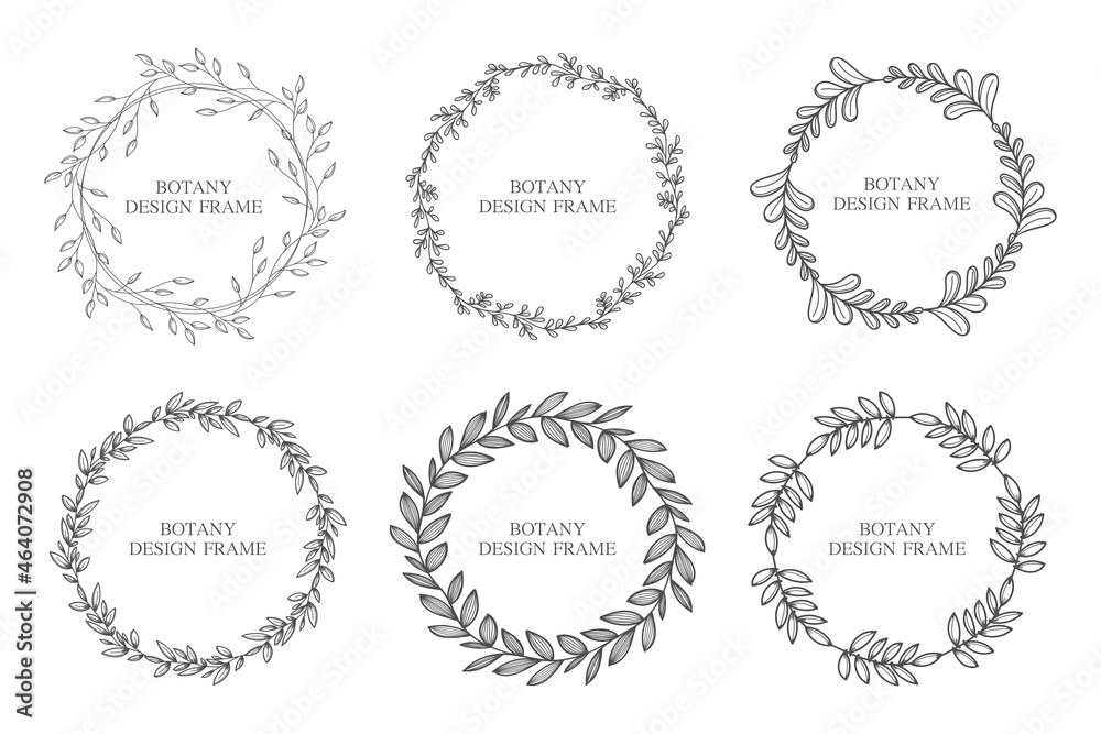 Set geometric flower wreath with leaves and branches. Botany round frame isolated on white background. For wedding invitations, postcards, posters, labels of cosmetics and perfumes. 