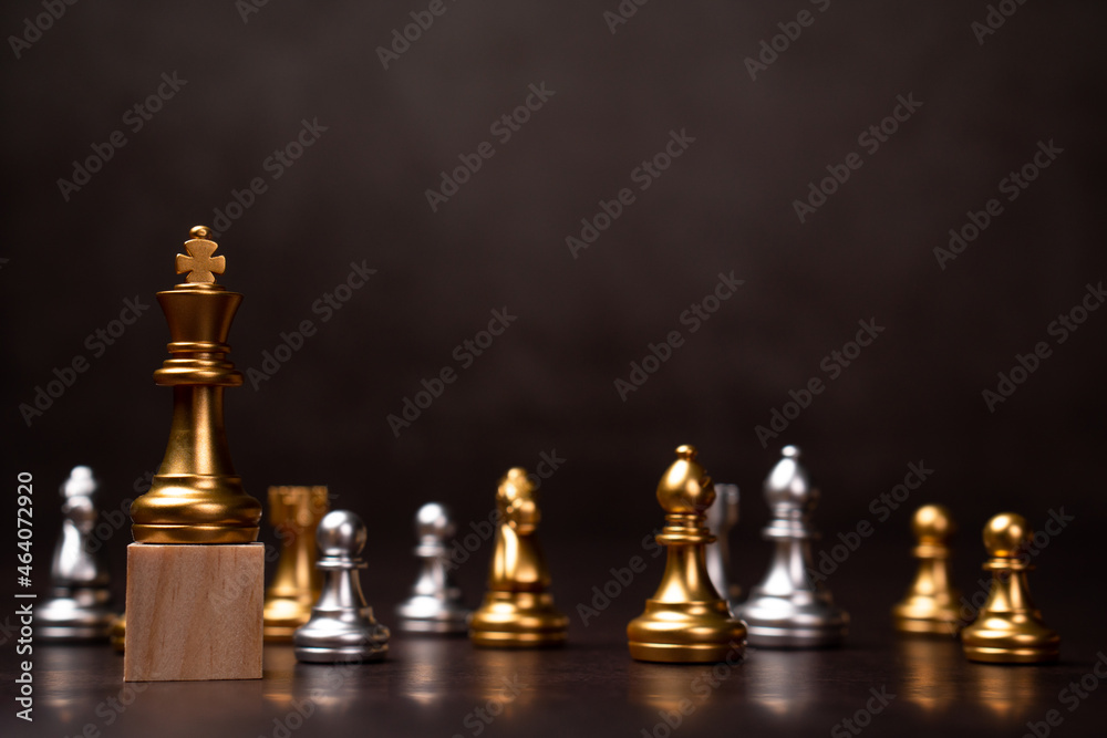 Golden king chess standing on a wooden stand. The concept of Leaders in good organizations must have a vision and can predict business trends and assess competitors