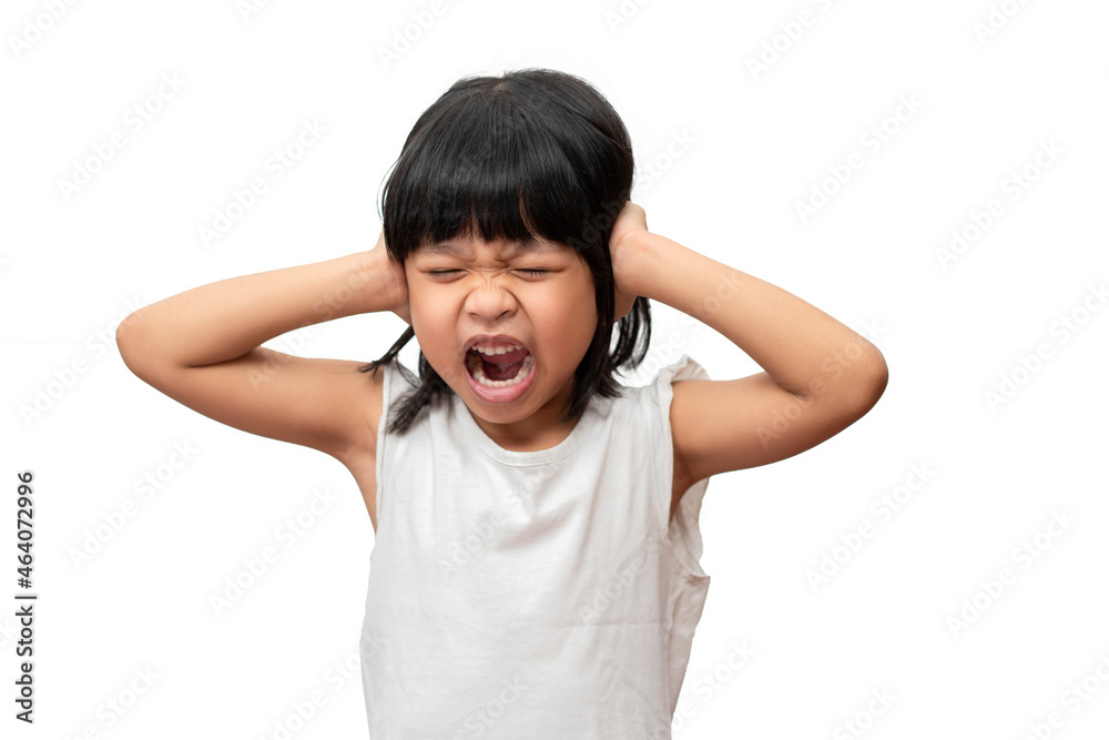 Portrait of angry emotional Asian girl screaming and frustrated shouting with anger, crazy and yelling and hand cover ears on white background, Attention deficit hyperactivity disorder (ADHD) concept Portrait of angry emotional Asian girl screaming and frustrated shouting with anger, crazy and yelling and hand cover ears on white background, Attention deficit hyperactivity disorder (ADHD) concept
