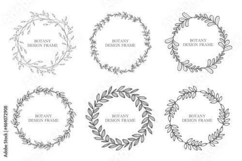 Set geometric flower wreath with leaves and branches. Botany round frame isolated on white background. For wedding invitations, postcards, posters, labels of cosmetics and perfumes. 