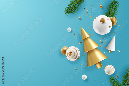 Background with christmas decor. New Year cone shaped trees, confetti, balls and branches. Minimal design christmas card, poster or banner