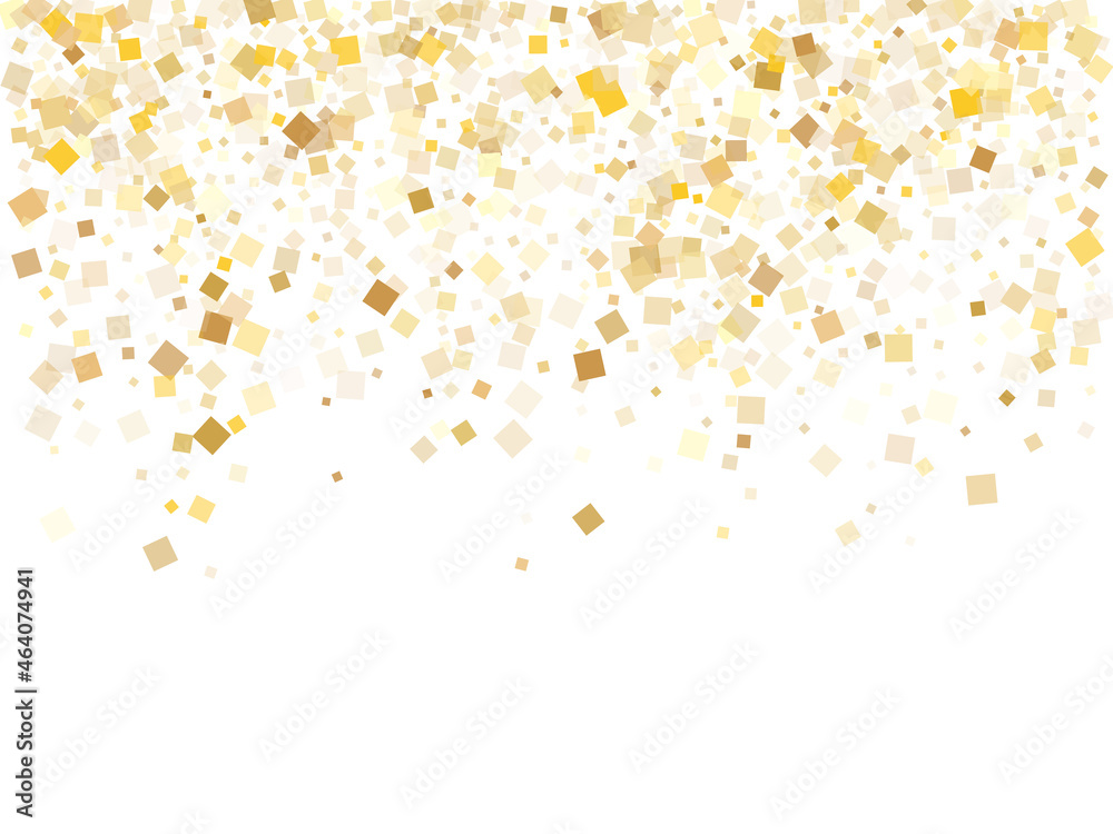 Carnival gold confetti sequins tinsels falling on white. Shiny holiday vector sequins background. Gold foil confetti party decoration texture. Overlay pieces surprise backdrop.