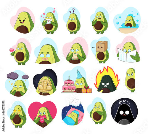 Funny avocado cartoon character sticker set. Cute vegetable personage in different actions vector illustrations isolated on white background. Emotions, food concept for postcard or birthday invitation
