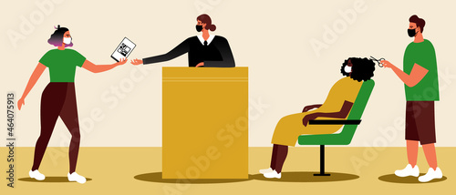 Hairdressing salon, QR vaccination certificate, Flat vector stock illustration with haircut people in a hairdressing salon and serving vaccinated people