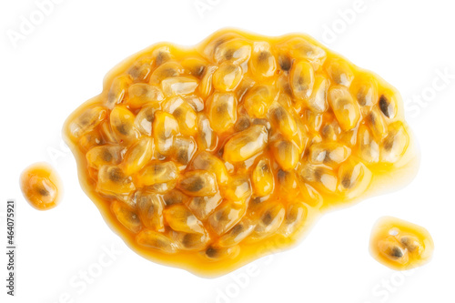 Obraz na plátne Puddle of passionfruit pulp with drops isolated on white background
