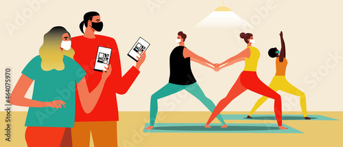 Yoga for the vaccinated, couple with vaccination certificate, Flat vector stock illustration with Covid vaccination and yoga class