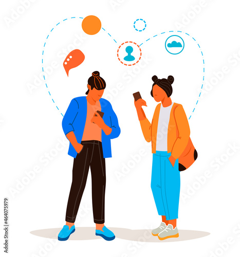 Young  people talking on mobile phone. Man and woman communicating via social network, flat vector  illustration isolated on white background. 