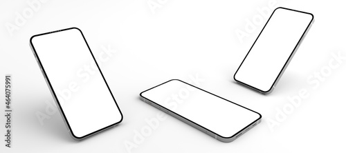 3D rendering of mockups Smartphones white screen on white floor, Mobile phone lay down on the ground. Smartphones white screen can be used for commercial advertising, Isolated on white background.