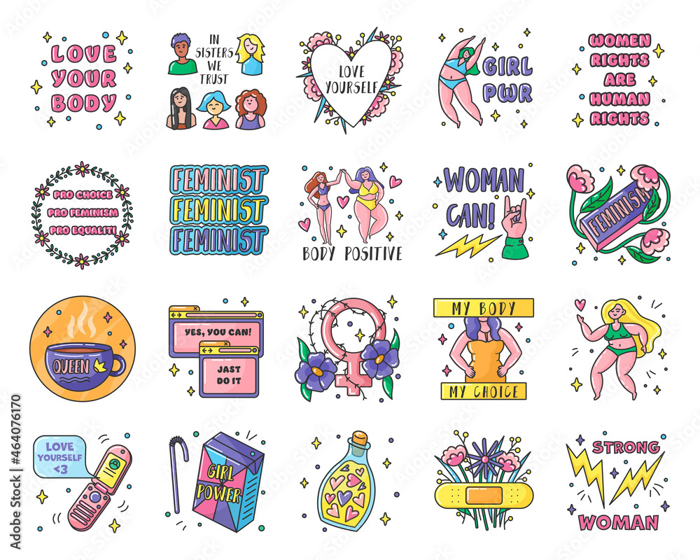 Feminism and body positive cute sticker set. Girl power, feminists, love yourself vector illustrations on white background. Women empowerment, support, feminism, gender equality, beauty concept