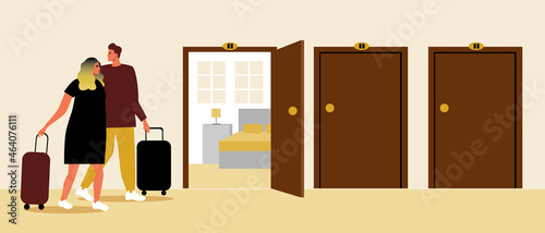 Couple check in hotel, student dorm, flat vector stock illustration with check in hostel or dorm, family room