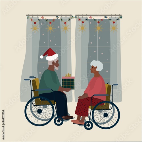 Elderly men and women, Christmas tree decoration, gift,  Happy New Year,  disabled carriage	
