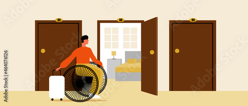 Disabled person in hotel, inclusive service, flat vector stock illustration with check in to hostel or dorm person in wheelchair in suitcase