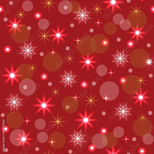 Seamless pattern, Christmas decoration, red background, neon garland, snowflakes, stars, festive decor, New Year