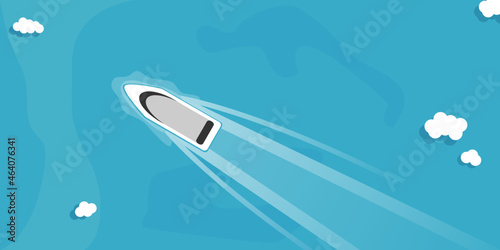 White boat floating in ocean blue sea with cloud in summer season top view flat vector design.