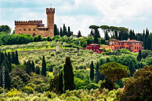 Medici castle in Florence countryside with cypress, Tuscany