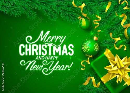 Merry Christmas Happy New Year tree with toys, card banner. Vector