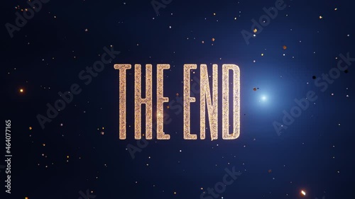 The end text card for a movie ending made of shiny glittering gold with flashing confetti cubes falling