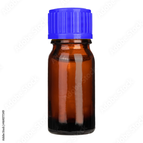 Small poison bottle with blue cap isolated on white background.