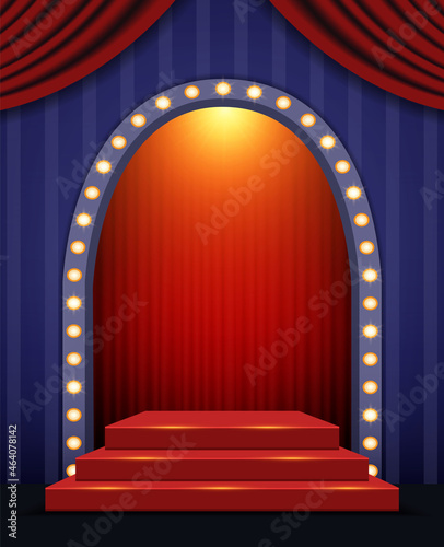 Shining light arch on the blue striped wall background with red curtain and podium