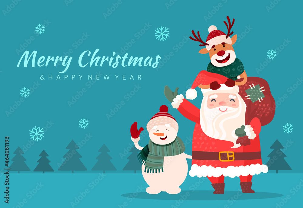 Smiling santa claus standing with deer and snowman to celebrate merry Christmas and new year on blue background. Holiday character templates for winter season. Flat cartoon vector illustration Smiling santa claus standing with deer and snowman to celebrate merry Christmas and new year on blue background. Holiday character templates for winter season. Flat cartoon vector illustration