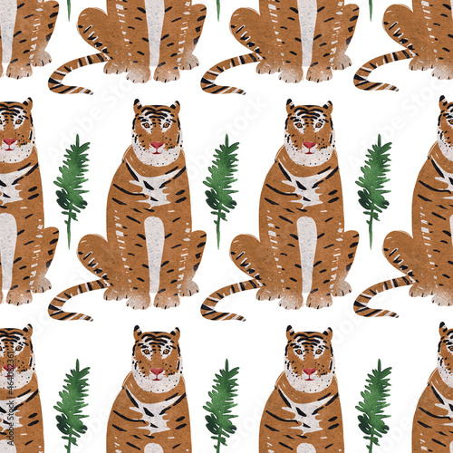 Seamless pattern with tiger and fir branches, symbol of new year  2022 isolated on white background. Illustration for banner, web, textile 