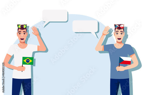 Men with Brazilian and Czech flags. Background for text. Communication between native speakers of Brazil and Czech. Vector illustration.