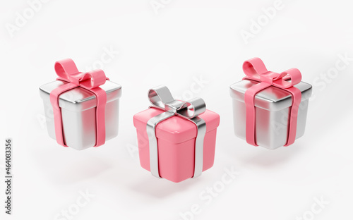 Gift boxes with pink silver ribbon on white background, 3d render.