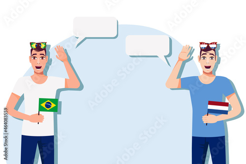 Men with Brazilian and Dutch flags. Background for the text. Communication between native speakers of the language. Vector illustration.