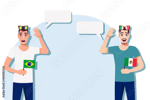 Vector illustration of people speaking the languages of Brazil and Mexico. Illustration of translation, transcription and dialogue between Brazil and Mexico.