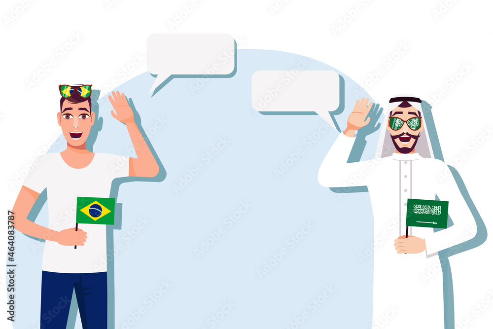 The concept of international communication, sports, education, business between Brazil and Saudi Arabia. Men with Brazilian and Saudi flags. Vector illustration. The concept of international communication, sports, education, business between Brazil and Saudi Arabia. Men with Brazilian and Saudi flags. Vector illustration.