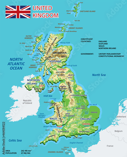 Physical map of the United Kingdom. High detailed map of England, Scotland and Ireland with labeling. Vector illustration.