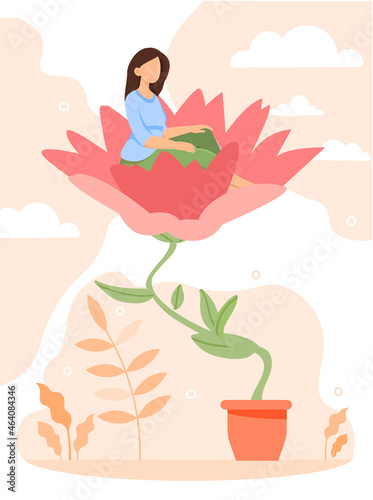 Happy girl watering flower. Woman caring for plant she sitting on. Concept of taking care of your health, psychology, awareness. Cartoon flat vector illustration isolated on white background