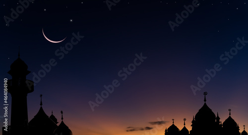 Silhouette dome mosques on dusk sky twilight and crescent moon stars religion of Islamic symbol