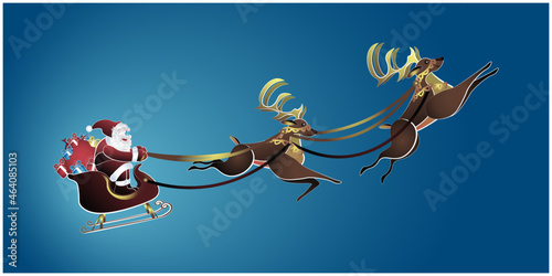 Beautiful vector illustration of Santa Claus delivering gifts with his reindeer.