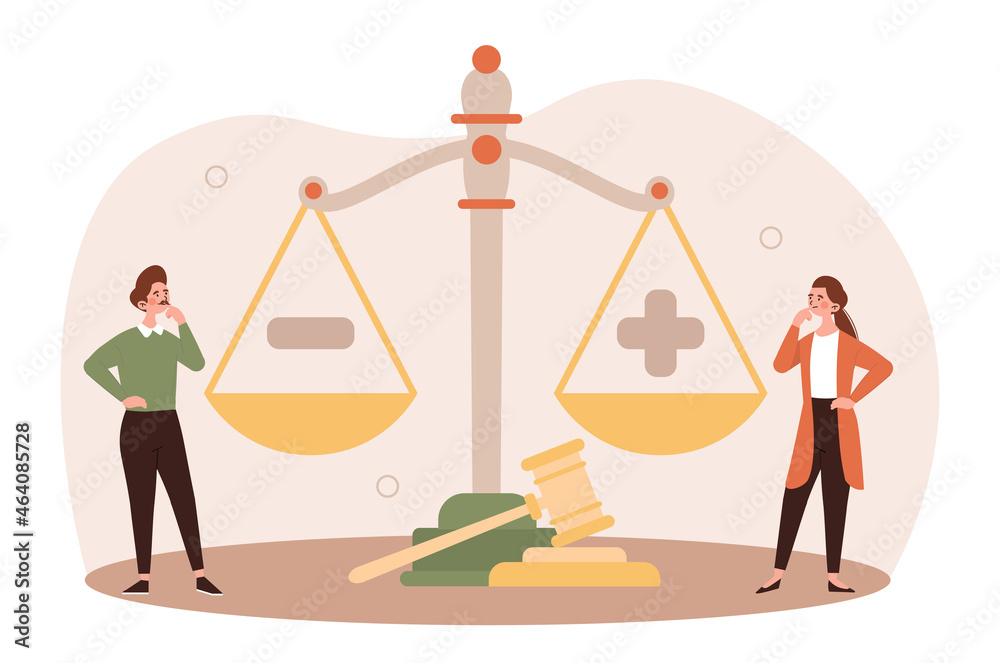 Legal decisions concept. Two girls standing near scales. Weigh pros and cons. Decision making, assessment of prospects, balance. Cartoon flat vector illustration isolated on white background - obrazy, fototapety, plakaty 