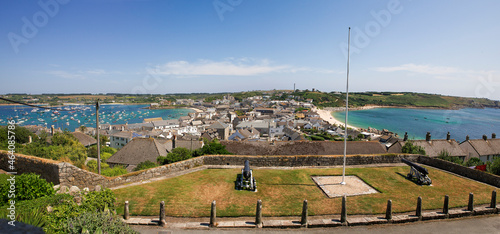 Panoramic view of Hugh Town, St. Mary's Pool and Porthcressa from Hugh House, St. Mary's, Isles of Scilly, UK photo