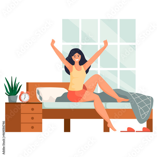 Healthy young woman waking up in the morning smiling and stretching her arms as she sits up in bed, colored vector illustration photo
