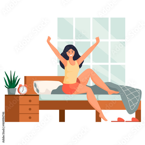 Healthy young woman waking up in the morning smiling and stretching her arms as she sits up in bed, colored vector illustration