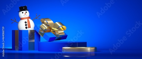 3d render,  blue background with Christmas ornaments and gifts. Abstract winter holiday horizontal banner