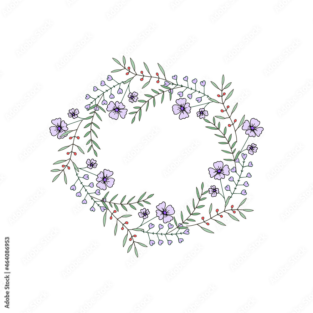 A hand-drawn wreath of cute blue flowers and twigs. Design for invitations and greeting cards.Can be used for a wedding invitation. A hand-drawn wreath of cute blue flowers and twigs. Design for invitations and greeting cards.Can be used for a wedding invitation.