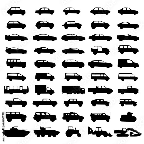 Set of black minimalistic icons of all kinds of cars. Easy to edit and enlarge vector illustration.