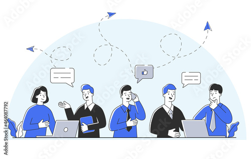 People chatting concept. Social networks, internet, modern technologies. Men and girls discussing business issues, laptop, device. Cartoon flat vector illustration isolated on white background