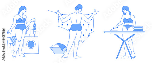 Happy woman in laundry - set of linear illustrations. Home routines. Young women wearing panties doing housework like ironing and sorting linen