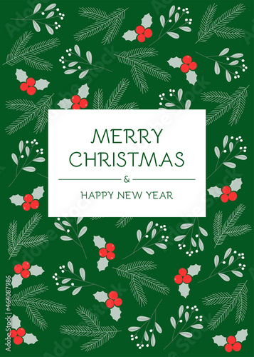 Christmas greeting card with winter plants and berries. Mistletoe  pine branch and holly on green background. Merry Christmas and Happy New Year.