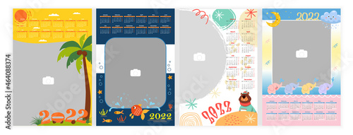 Wall Photo Calendar 2022.  Set of colorful, holiday, baby photo calendar template with cartoon characters. Calendar design 2022 year in English. Week starts from Monday. Vector illustration
