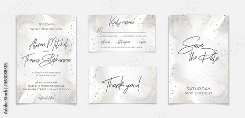Abstract luxury liquid marble grey background with gold splatters. Golden marbled wave watercolor splash effect backdrop. Vector illustration of design template for wedding invitation