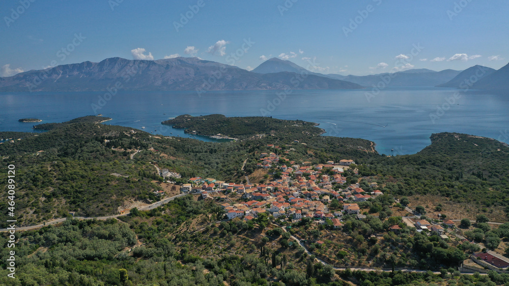 Aerial drone photo of traditional small village of Katomeri in island of Meganisi, Ionian, Greece
