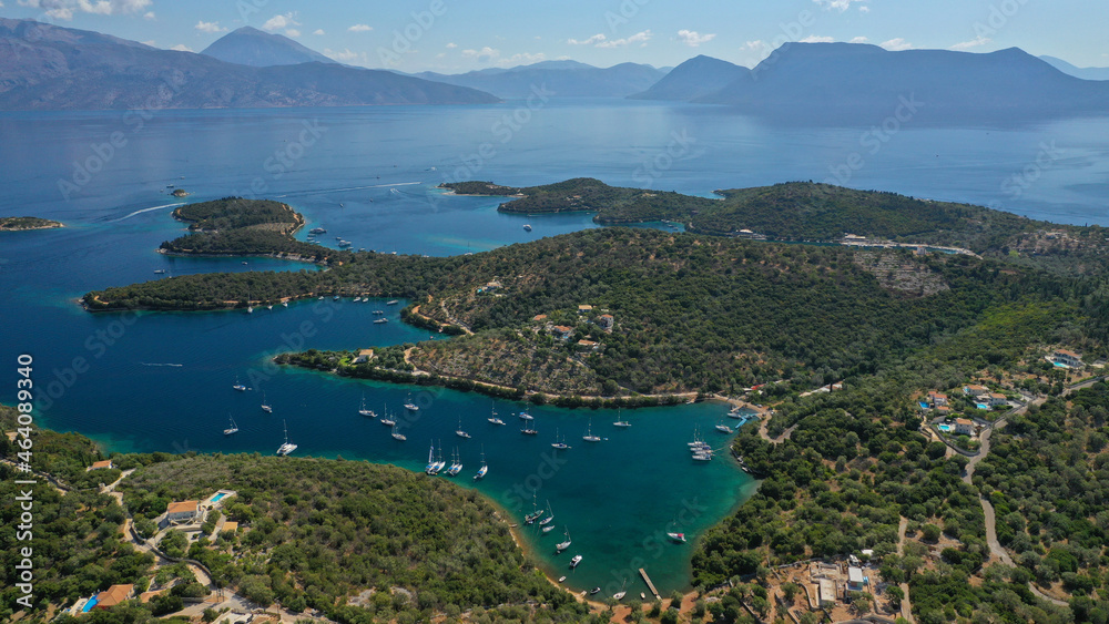 Aerial drone photo of safe anchorage of fjord bays in Meganisi island with crystal clear calm sea, Meganisi island, Ionian, Greece