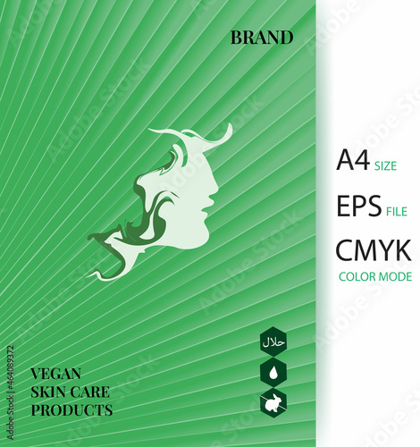 Vegan skin care product promotion design with halal & cruelty free sign.Magazine & brochure cover idea for vegan cosmetic products